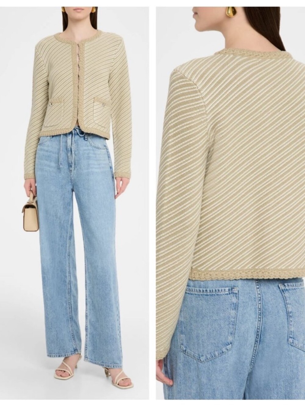 rag & bone Beige Striped Cropped Knit Jacket